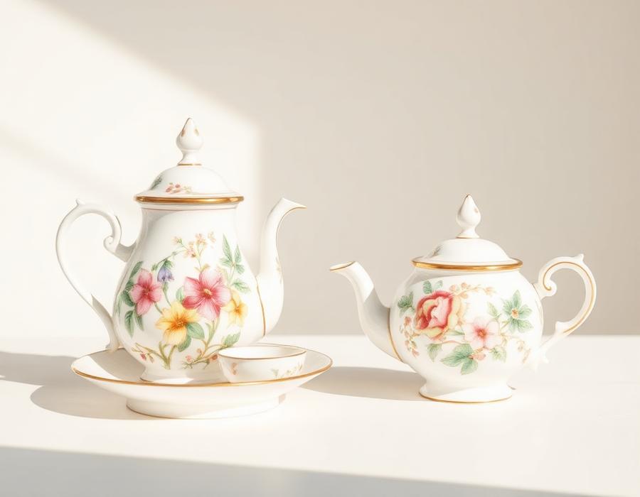 Porcelánová souprava, vázy a keramické nádobí na stole